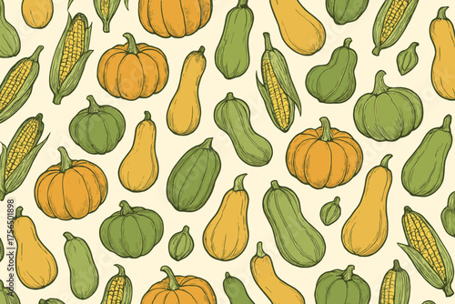 Colorful arrangement of various pumpkins and squash on a light background showcasing autumn harvest