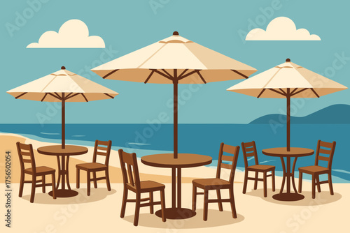 Cozy beachside seating with umbrellas and ocean view on a sunny day