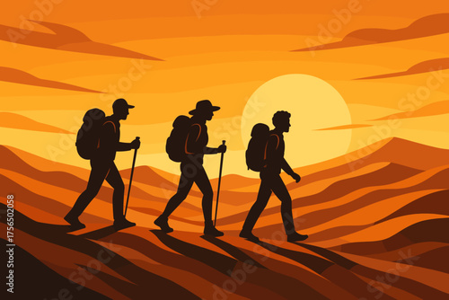 People hiking in the desert during a sunset with silhouettes against a vibrant sky