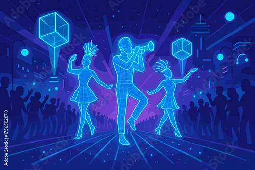 Dynamic street performance featuring musicians and dancers in a vibrant urban setting during a lively night event