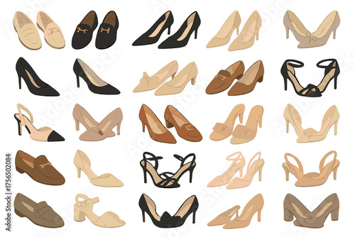 Various styles of women's shoes displayed together in an organized manner for fashion selection