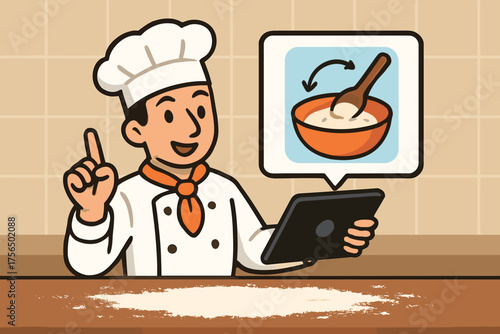 Chef instructs on mixing ingredients while using a tablet in a kitchen setting with a light background