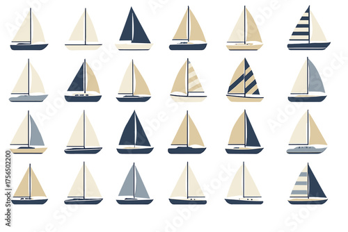 Collection of sailboats with varying styles and colors against a simple background showcasing nautical design elements