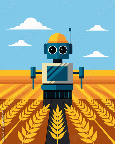 A sleek solarpowered robot equipped with a specialized blade glides through rows of wheat harvesting the grains and leaving behind a clean uniform field.. Vector illustration