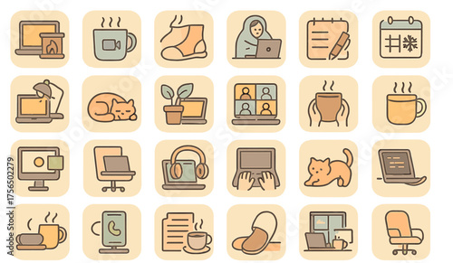 Cozy workspace illustrations featuring home office elements and daily activities for remote life