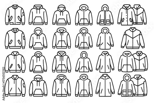 Variety of hoodies and jackets displayed in a simple linear design suitable for fashion and clothing inspirations
