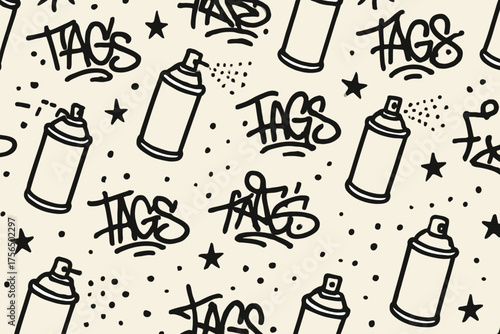 Creative pattern featuring spray paint cans and graffiti tags on a light background