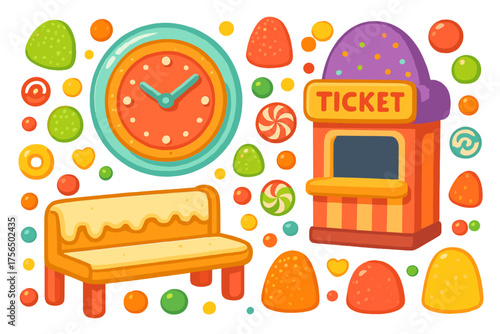 Colorful candy-themed ticket booth with clock and cozy bench, perfect for a fun fair atmosphere filled with joyful sweets