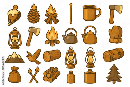 Collection of cozy camping and outdoor icons featuring nature elements and tools for adventure enthusiasts