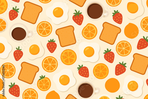 Colorful breakfast pattern with oranges, strawberries, eggs, toast, and coffee on a light background