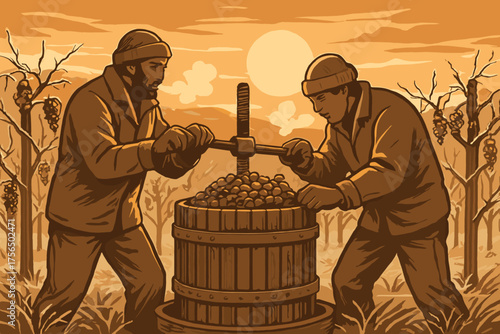 Workers pressing grapes during sunset in a vineyard for wine production