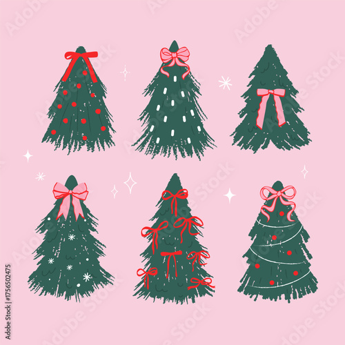 Cute coquette simple christmas tree doodles. Hand drawn christmas tree set.