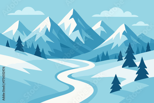 Scenic winter landscape with snow-covered mountains and a winding river under a clear blue sky