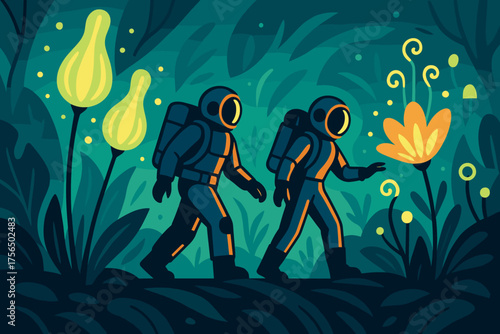 Astronauts exploring a vibrant alien landscape with glowing plants and flowers in a mysterious world