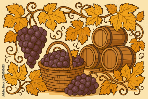 Grapes in a basket surrounded by autumn leaves and wooden barrels on a light background