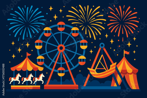 Colorful carnival scene with a ferris wheel, carousel, and fireworks lighting up the night sky