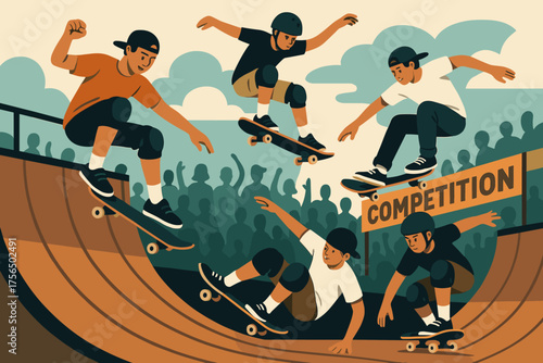 Skateboarders performing tricks in a competition at a skate park during a sunny day