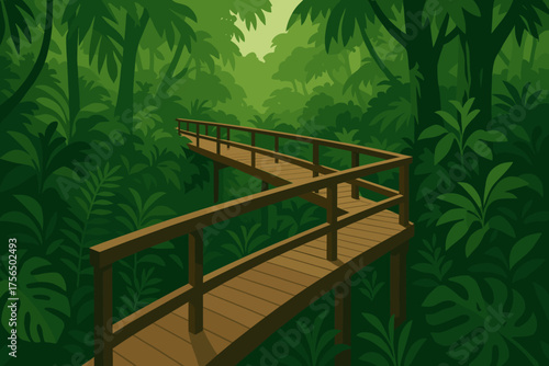 Wooden walkway through lush green jungle with dense foliage and tropical plants