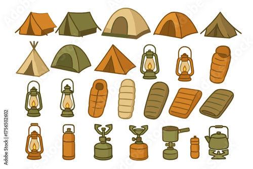Collection of camping gear including tents, lanterns, and sleeping bags for outdoor adventures