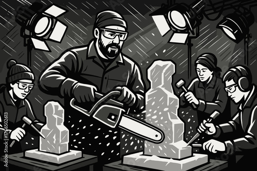 Skilled artisans working on stone sculptures with tools in a studio setting during a creative workshop