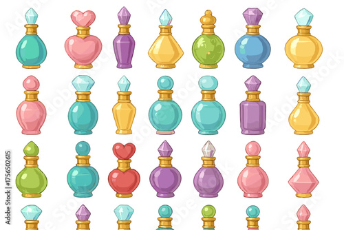 Colorful collection of decorative bottles and potions arranged in artistic patterns on a white background