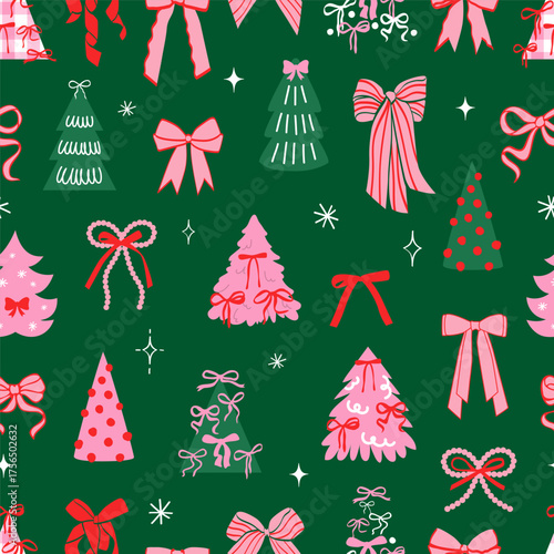 Coquette Christmas tree seamless pattern. Red and green festive cute background. Hand drawn doodle.