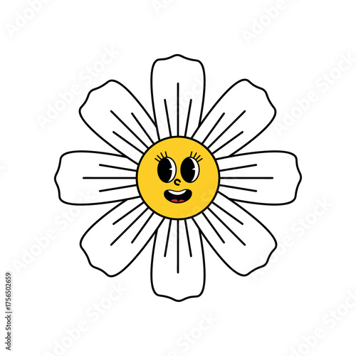 Groovy retro flower with a smiling yellow face, expressive eyes, and white wavy petals with black line details