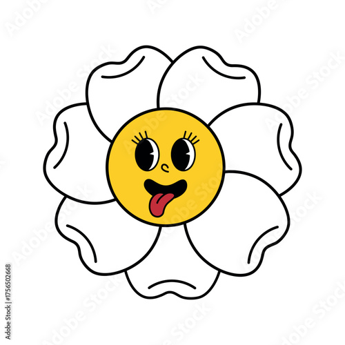 Groovy retro flower face with a yellow center, white wavy petals, and playful tongue-out expression in 70s vintage style
