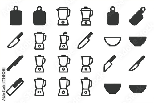 Blender, knife, and cutting board icons arranged in a grid pattern for kitchen design themes