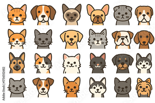 Cute cartoon animal faces featuring dogs and cats in a colorful and playful arrangement