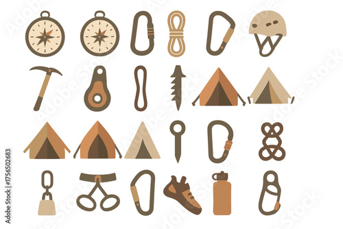 Outdoor adventure gear including tents, climbing tools, and navigation supplies for camping trips in nature