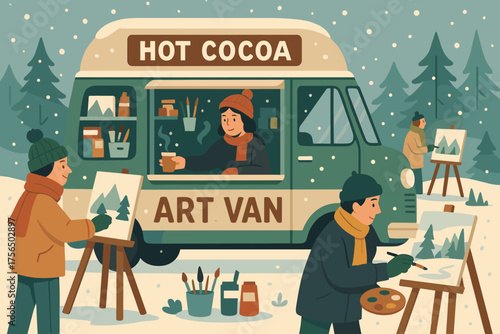 Warm drinks and art come together at a winter market with a hot cocoa van and artists painting snowy landscapes