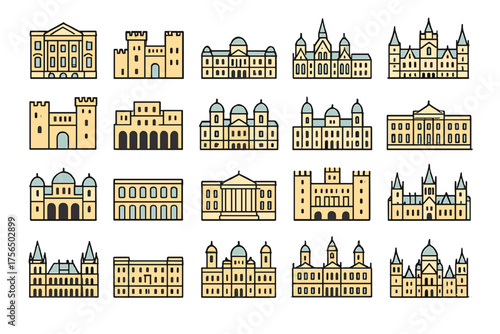 Different styles of historic buildings and architecture illustrated with simple designs and colors
