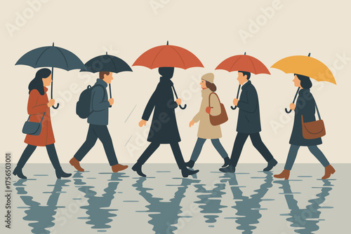 People walking in the rain with umbrellas on a city street during a cloudy day
