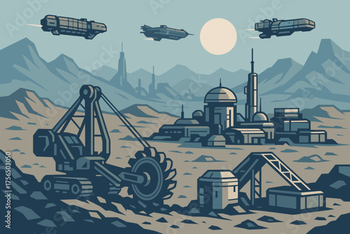 Construction machinery operates on a distant planet with futuristic buildings and spaceships in the sky during daylight