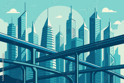 Urban skyline with modern skyscrapers and intersecting highways in a vibrant, stylized design