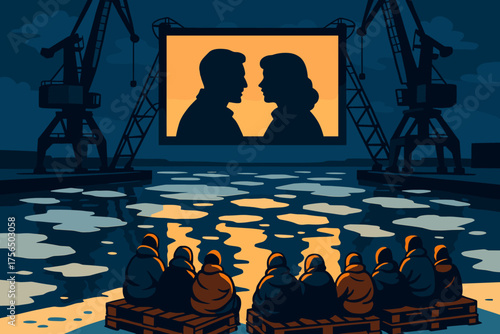 Outdoor movie night by the water with silhouettes of a couple on screen at dusk