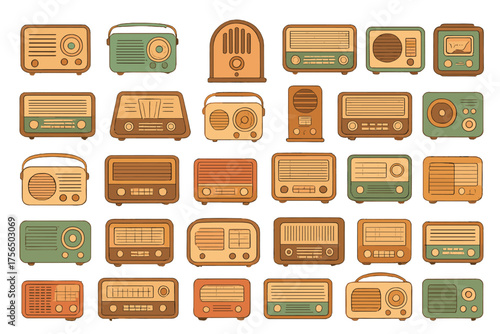 Collection of vintage radios in various styles and colors showcasing the evolution of radio design