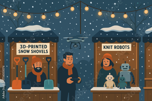Winter market in a snowy setting with festive stalls showcasing 3D-printed shovels and knit robots