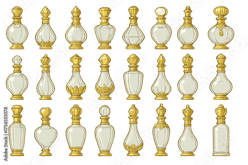 Elegant collection of vintage perfume bottles with intricate designs arranged in neat rows
