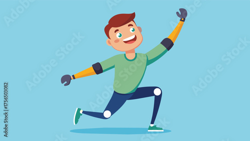A cartoon illustration of a man with one arm joyfully using his prosthetic limb without any shame.. Vector illustration