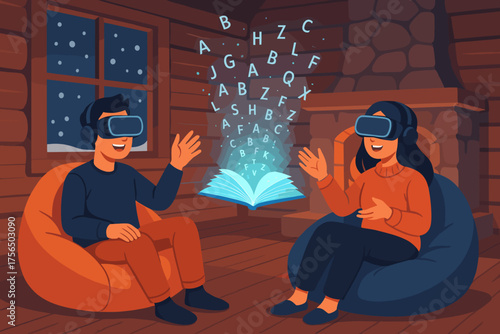 Couple enjoying virtual reality reading experience in cozy cabin during snowy evening