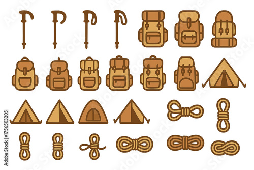 Camping gear illustrations including backpacks, tents, ropes, and hiking poles for outdoor adventure preparation