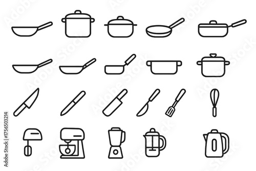 Kitchen utensils and appliances arranged in a neat grid showcasing essential cooking tools for culinary tasks