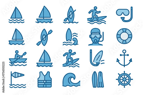 Various water sports icons featuring surfing, sailing, and kayaking represented in a clean design