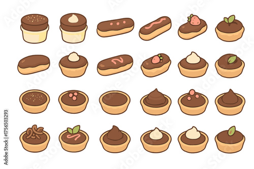 Selection of sweet pastries displayed on a white background with various toppings and fillings, perfect for dessert lovers