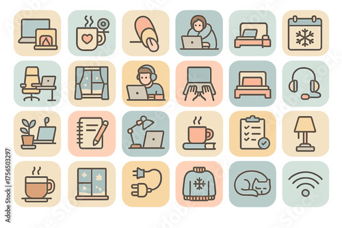 Digital workspace setup series showcasing essential items for remote work and productivity at home during winter