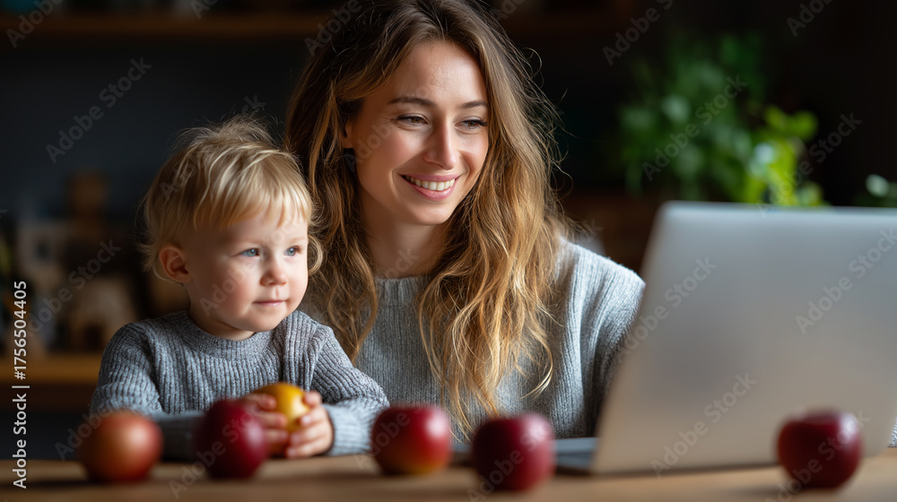 Naklejka premium Smiling woman working with laptop while her son playing with apple at wooden desk in home office, under soft natural light highlighting multitasking and joy, serene workplace scene