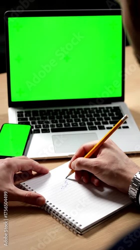 Green Screen close up of the male hands writing in notebook with a pencil near laptop computer and smartphone office chroma key scene 2 distortion, overlay, glitch, static noise, scan lines on black