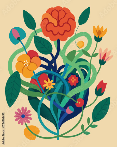 A tangled garden of flowers and plants each representing a different thought or memory in the brain.. Vector illustration